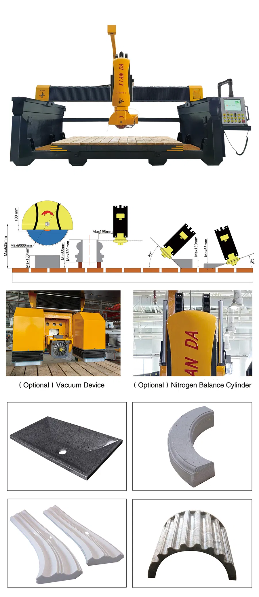 دستگاه برش اره پل CNC 5 محور تک بلوک هوشمند اتوماتیک برای گرانیت، سنگ مرمر، کوارتز با حداکثر اندازه پردازش 3400*2000*180 میلی&zwnj;متر، موتور 15 کیلووات، برق 380 ولت 1